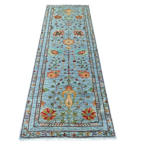 Light Blue, Fine Afghan Sultani with All Over Design, Vegetable Dyes, Hand Knotted, 100% Wool, Runner, Oriental 