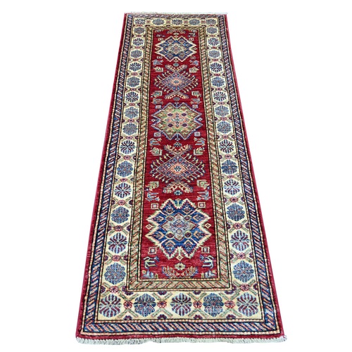 Brick Red, Hand Knotted, Afghan Super Kazak with Tribal Medallions Design, Vegetable Dyes, Pure Wool, Narrow Runner, Oriental 