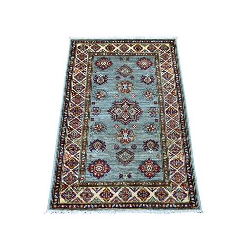 Misty Gray, Pure Wool, Afghan Super Kazak with Geometric Motifs, Hand Knotted, Vegetable Dyes, Sample, Mat, Oriental 