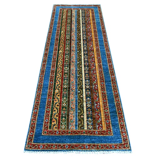 Cerulean Blue, Afghan Super Kazak with Shawl Design, Hand Knotted, Vegetable Dyes, Pure Wool, Runner, Oriental 
