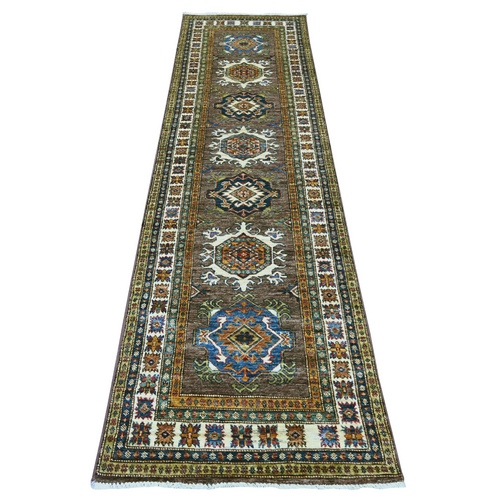 Coffee Brown, Afghan Super Kazak with Geometric Medallions Design, Hand Knotted, Vegetable Dyes, Pure Wool, Runner, Oriental 