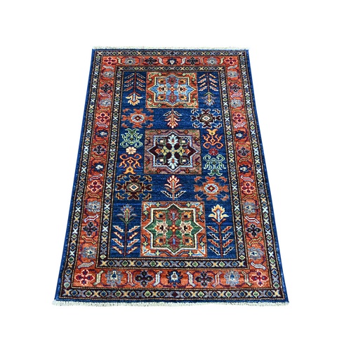Navy Blue, Vegetable Dyes, Afghan Super Kazak with Geometric Medallions Design, Hand Knotted, Pure Wool, Sample, Mat, Oriental 