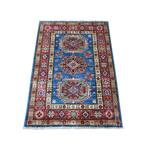 Cerulean Blue, Afghan Super Kazak with Geometric Medallions Design, Hand Knotted, Vegetable Dyes, Pure Wool, Sample, Mat, Oriental 