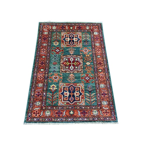 Tropical Rainforest Green, Afghan Super Kazak with Geometric Medallions Design, Hand Knotted, Vegetable Dyes, Pure Wool, Sample, Mat, Oriental 