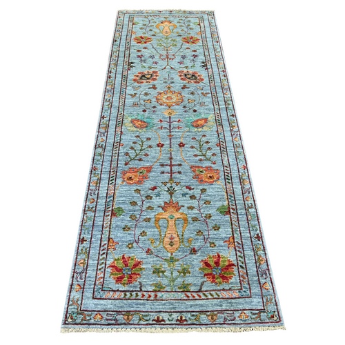 Light Blue, 100% Wool, Fine Afghan Sultani with All Over Design, Vegetable Dyes, Hand Knotted, Runner, Oriental 