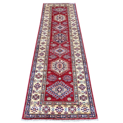 Berry Red, Afghan Super Kazak with Geometric Medallions Design, Hand Knotted, Vegetable Dyes, Pure Wool, Runner, Oriental 