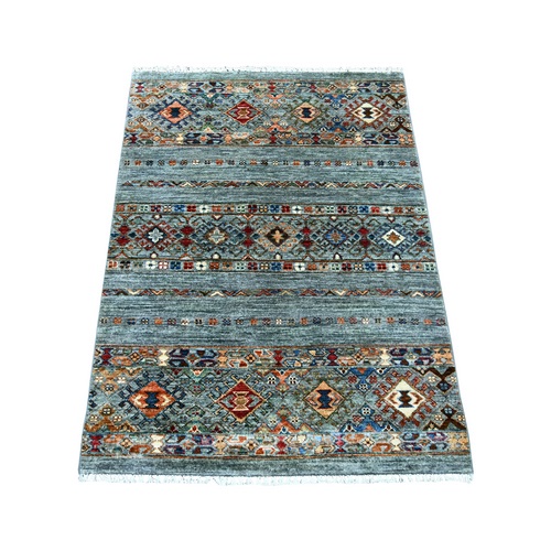 Misty Gray, Vegetable Dyes, Afghan Super Kazak with Khorjin Design, Hand Knotted, Pure Wool, Sample, Mat, Oriental 