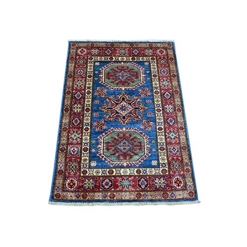 Cerulean Blue, Afghan Super Kazak with Geometric Medallions Design, Hand Knotted, Vegetable Dyes, Pure Wool, Sample, Mat, Oriental 