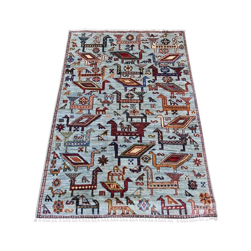 Misty Gray, Hand Knotted, Afghan Sultani with Ancient Bird Figurines, Soft and Vibrant Wool, Natural Dyes, Oriental 