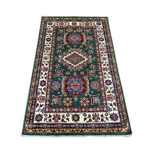 Tropical Rainforest Green, Afghan Super Kazak with Geometric Medallions Design, Hand Knotted, Vegetable Dyes, Pure Wool, Oriental 