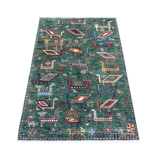 Tropical Rainforest Green, Hand Knotted, Afghan Sultani with Ancient Bird Figurines, Soft and Vibrant Wool, Natural Dyes, Oriental 