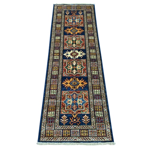 Navy Blue, Pure Wool, Afghan Super Kazak with Geometric Medallions Design, Hand Knotted, Vegetable Dyes, Narrow Runner, Oriental 