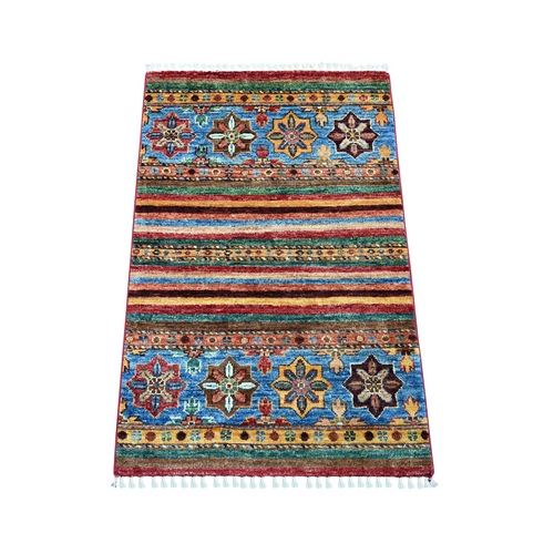 Colorful, Afghan Super Kazak with Khorjin Design, Hand Knotted, Vegetable Dyes, Pure Wool, Sample, Mat, Oriental 