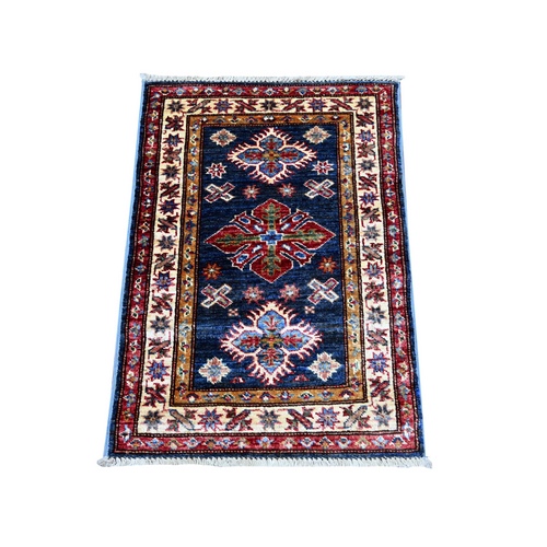Navy Blue, Afghan Super Kazak with Tribal Medallions Design, Hand Knotted, Vegetable Dyes, Pure Wool, Sample, Mat, Oriental 