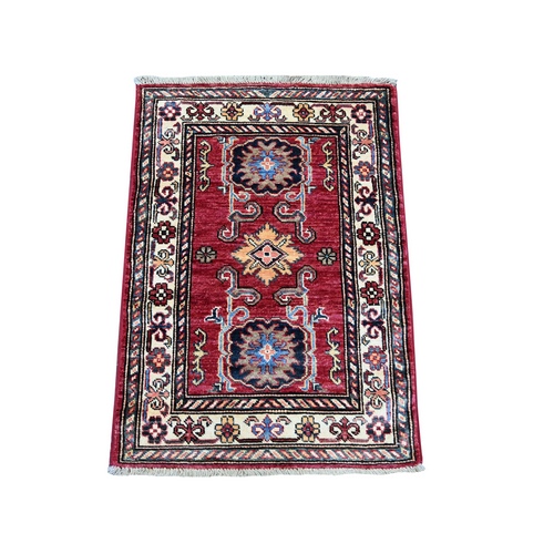Berry Red, Vegetable Dyes, Afghan Super Kazak with Geometric Medallions Design, Hand Knotted, Pure Wool, Sample, Mat, Oriental 