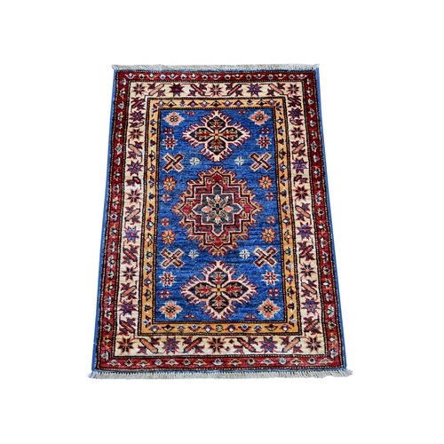 Cerulean Blue, Hand Knotted, Afghan Super Kazak with Tribal Medallions Design, Vegetable Dyes, Pure Wool, Sample Mat, Oriental 