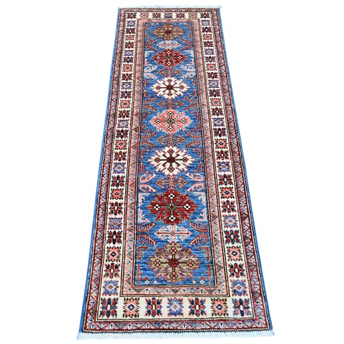 Cerulean Blue, Hand Knotted, Afghan Super Kazak with Tribal Medallions Design, Vegetable Dyes, Pure Wool, Narrow Runner, Oriental 