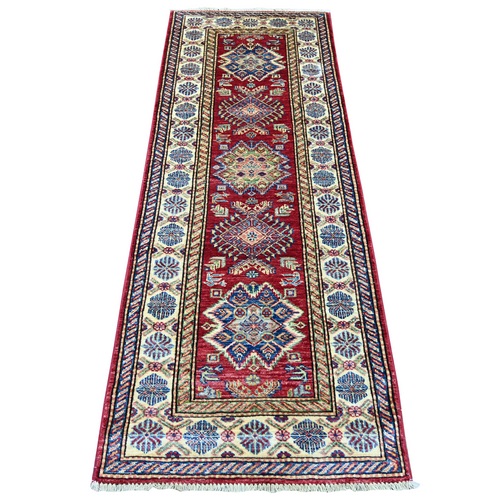 Berry Red, Afghan Super Kazak with Tribal Medallions Design, Hand Knotted, Vegetable Dyes, Pure Wool, Runner, Oriental 