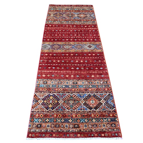 Berry Red, Pure Wool, Afghan Super Kazak with Khorjin Design, Hand Knotted, Vegetable Dyes, Runner, Oriental 