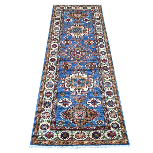 Cerulean Blue, Hand Knotted, Afghan Super Kazak with Geometric Medallions Design, Vegetable Dyes, Pure Wool, Narrow Runner, Oriental 