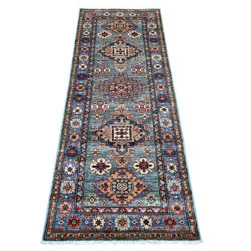 Misty Gray, Pure Wool, Afghan Super Kazak with Geometric Medallions Design, Hand Knotted, Vegetable Dyes, Runner, Oriental 