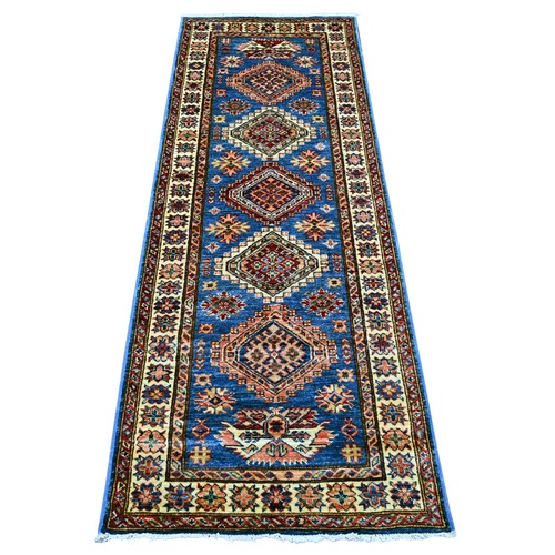 Cerulean Blue, Pure Wool, Afghan Super Kazak with Geometric Medallions Design, Hand Knotted, Vegetable Dyes, Runner, Oriental 