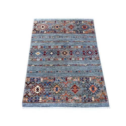 Misty Gray, Pure Wool, Afghan Super Kazak with Khorjin Design, Hand Knotted, Vegetable Dyes, Sample, Mat, Oriental 