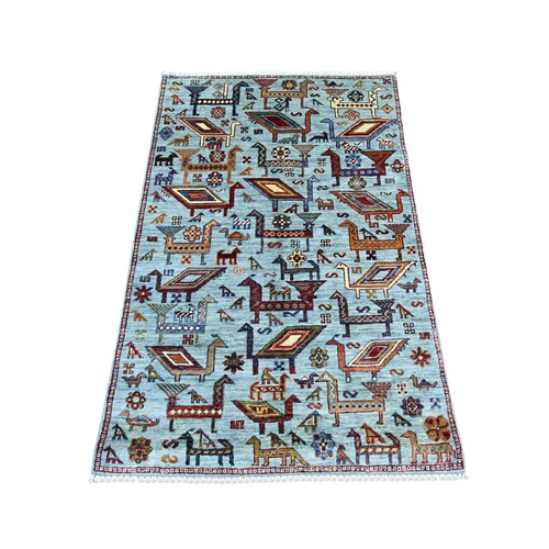 Light Blue, Hand Knotted, Afghan Sultani with Ancient Bird Figurines, Soft and Vibrant Wool, Natural Dyes, Oriental 