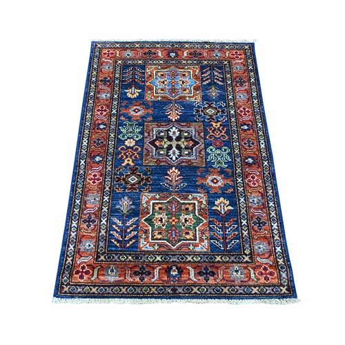 Navy Blue, Natural Wool, Afghan Super Kazak with Geometric Medallions Design, Hand Knotted, Vegetable Dyes, Sample, Mat, Oriental 