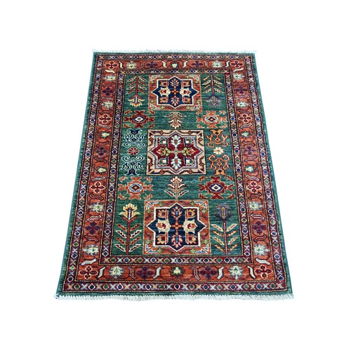 Hunter Green, Afghan Super Kazak with Geoemtric Medallions Design, Hand Knotted, Pure Wool, Vegetable Dyes, Sample, Mat, Oriental 