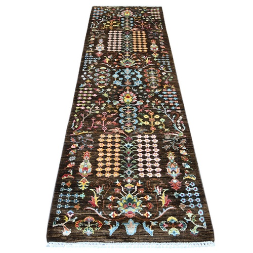 Chocolate Brown, Hand Knotted Afghan Sultani All Over Floral Pattern, Soft and Vibrant Wool, Natural Dyes, Runner, Oriental 