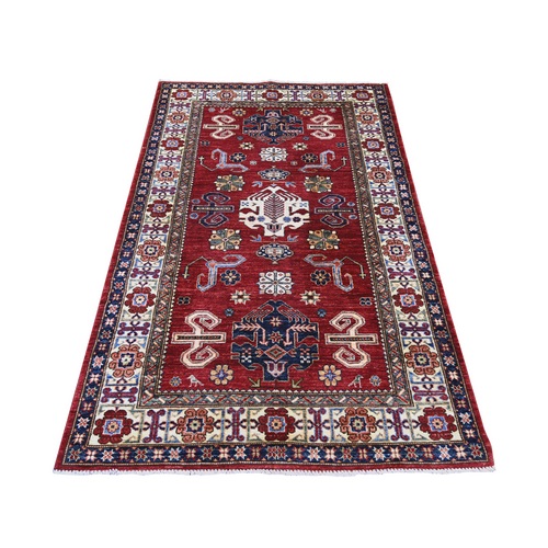 Berry Red, Vegetable Dyes, Natural Wool, Afghan Super Kazak with Tribal Medallions Design, Hand Knotted, Oriental 