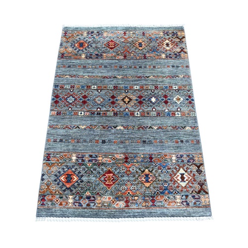 Misty Gray, Natural Wool, Afghan Super Kazak with Khorjin Design, Hand Knotted, Vegetable Dyes, Sample, Mat, Oriental 