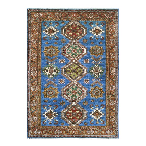Cerulean Blue, Vegetable Dyes, Afghan Super Kazak with Geometric Medallions Design, Hand Knotted, Pure Wool, Oriental 