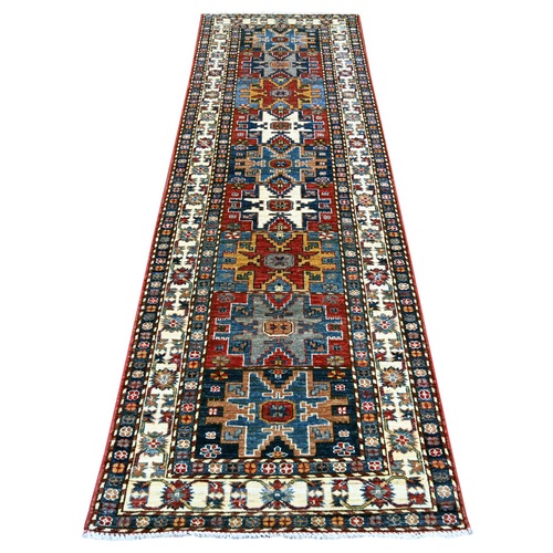 Colorful, Vegetable Dyes, Afghan Super Kazak with Geometric Medallions Design, Hand Knotted, Pure Wool, Runner, Oriental 