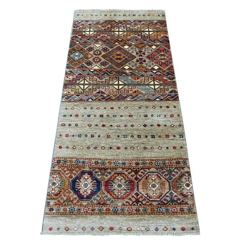 Stone Gray, Afghan Super Kazak with Khorjin Design, Hand Knotted, Vegetable Dyes, Pure Wool, Runner, Oriental 