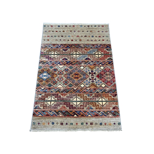 Stone Gray, Afghan Super Kazak with Khorjin Design, Hand Knotted, Vegetable Dyes, Pure Wool, Sample, Mat, Oriental 