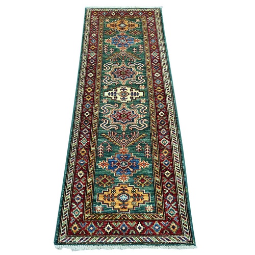 Hunter Green, Vegetable Dyes, Afghan Super Kazak with Geometric Medallions Design, Hand Knotted, Pure Wool, Narrow Runner, Oriental 