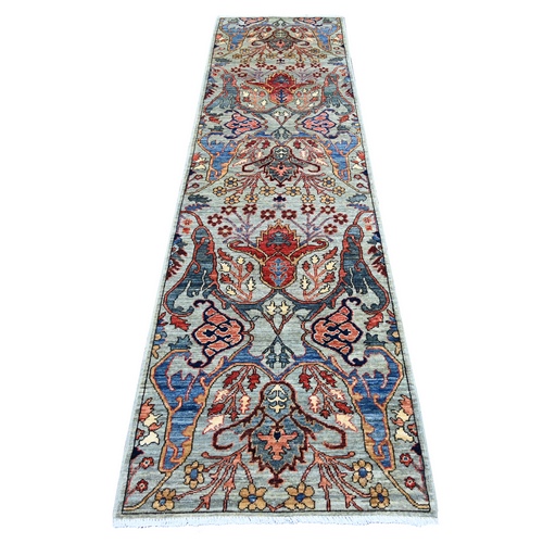 Greenish Gray, Bijar Garus Design, Hand Knotted, High Mountain Wool, Aryana Grade, Soft Pile, Vegetable Dyes, Densely Woven, Runner, Oriental 