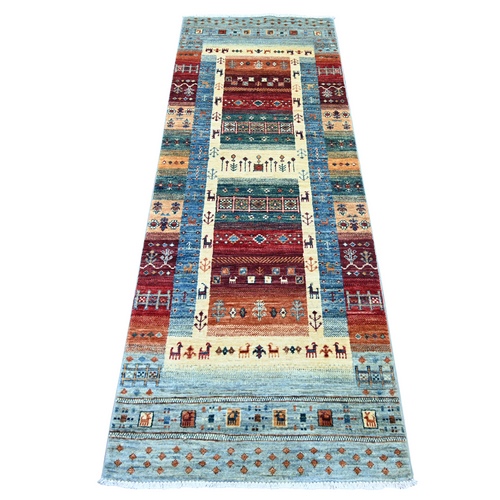 Light Blue, Vegetable Dyes, Fine Kashkuli Gabbeh with Small Animal Figurines, Hand Knotted, Soft Wool, Narrow Runner, Oriental 