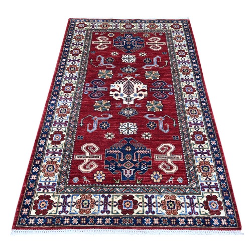 Berry Red, Vegetable Dyes, Afghan Super Kazak with Tribal Medallions Design, Hand Knotted, Pure Wool, Oriental 