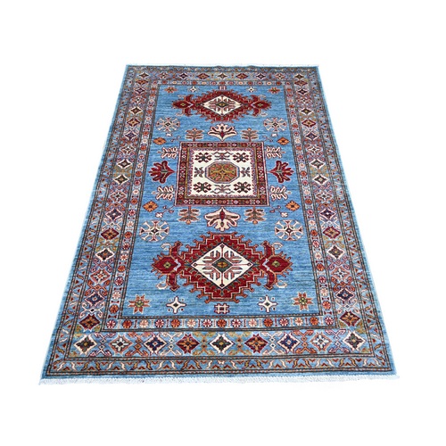 Light Blue, Vegetable Dyes, Afghan Super Kazak with Geometric Medallions Design, Hand Knotted, Pure Wool, Oriental 