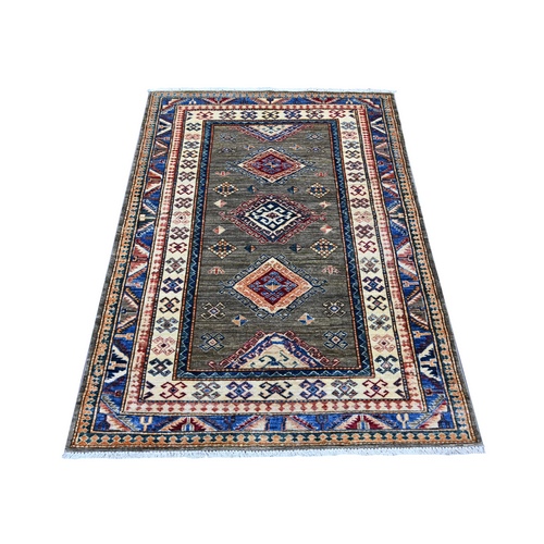 Stone Gray, Hand Knotted, Vegetable Dyes, Afghan Super Kazak with Geometric Medallions Design, Pure Wool, Oriental 