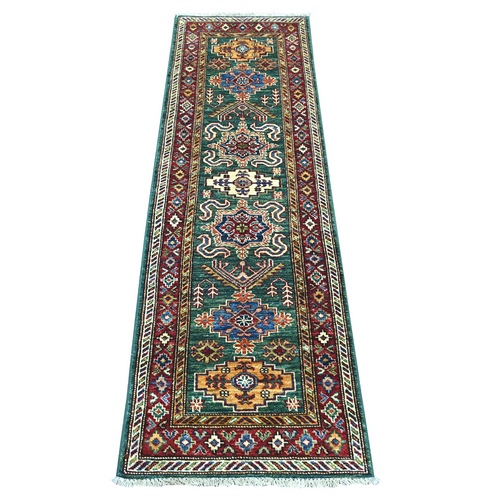 Hunter Green, Pure Wool, Hand Knotted, Vegetable Dyes, Afghan Super Kazak with Geometric Medallions Design, Narrow Runner, Oriental 