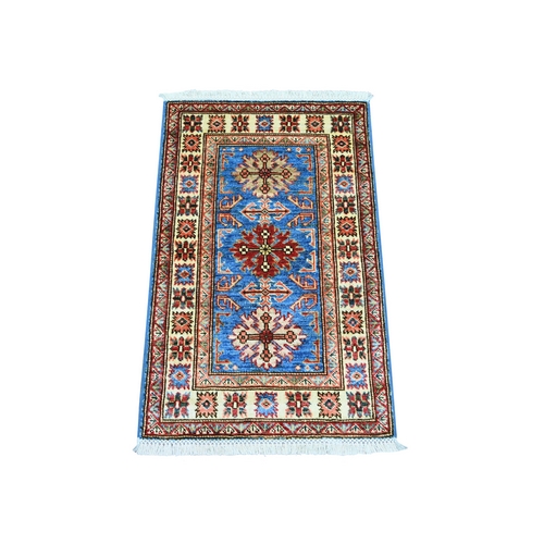 Cerulean Blue, Hand Knotted, Vegetable Dyes, Afghan Super Kazak with Tribal Medallions Design, Pure Wool, Sample, Mat, Oriental 