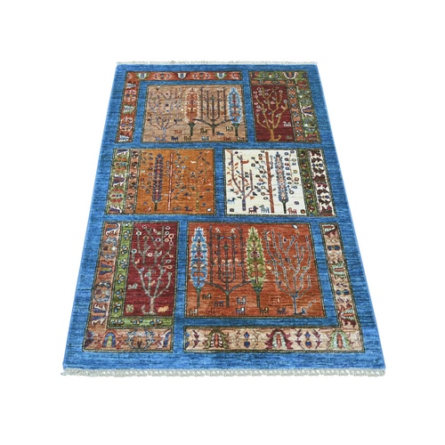 Bayern Blue, Compartment Garden Design with Cypress Trees, Small Animal Figurines, Densely Woven, Hand Knotted, Soft Wool, Oriental 