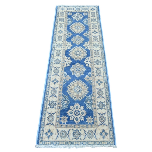 Bayern Blue, Vintage Look Kazak with Tribal Medallions, Hand Knotted, 100% Wool, Natural Dyes, Short and Narrow Runner, Oriental 