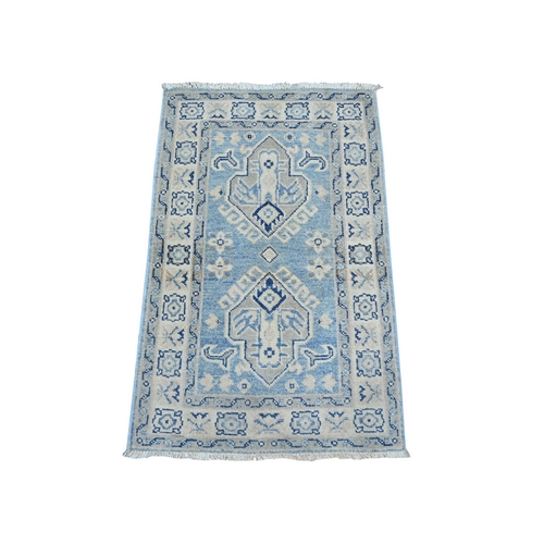 Maya Blue, Vintage Look Kazak with Geometric Pattern, Hand Knotted, 100% Wool, Natural Dyes, Mat, Sample, Oriental 
