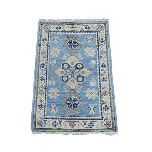 Carolina Blue, Vintage Look Kazak with Tribal Design, Hand Knotted, 100% Wool, Natural Dyes, Mat, Sample, Oriental 