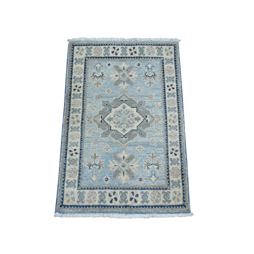 Beau Blue, Vintage Look Kazak with Tribal Design, Hand Knotted, 100% Wool, Natural Dyes, Mat, Sample, Oriental 